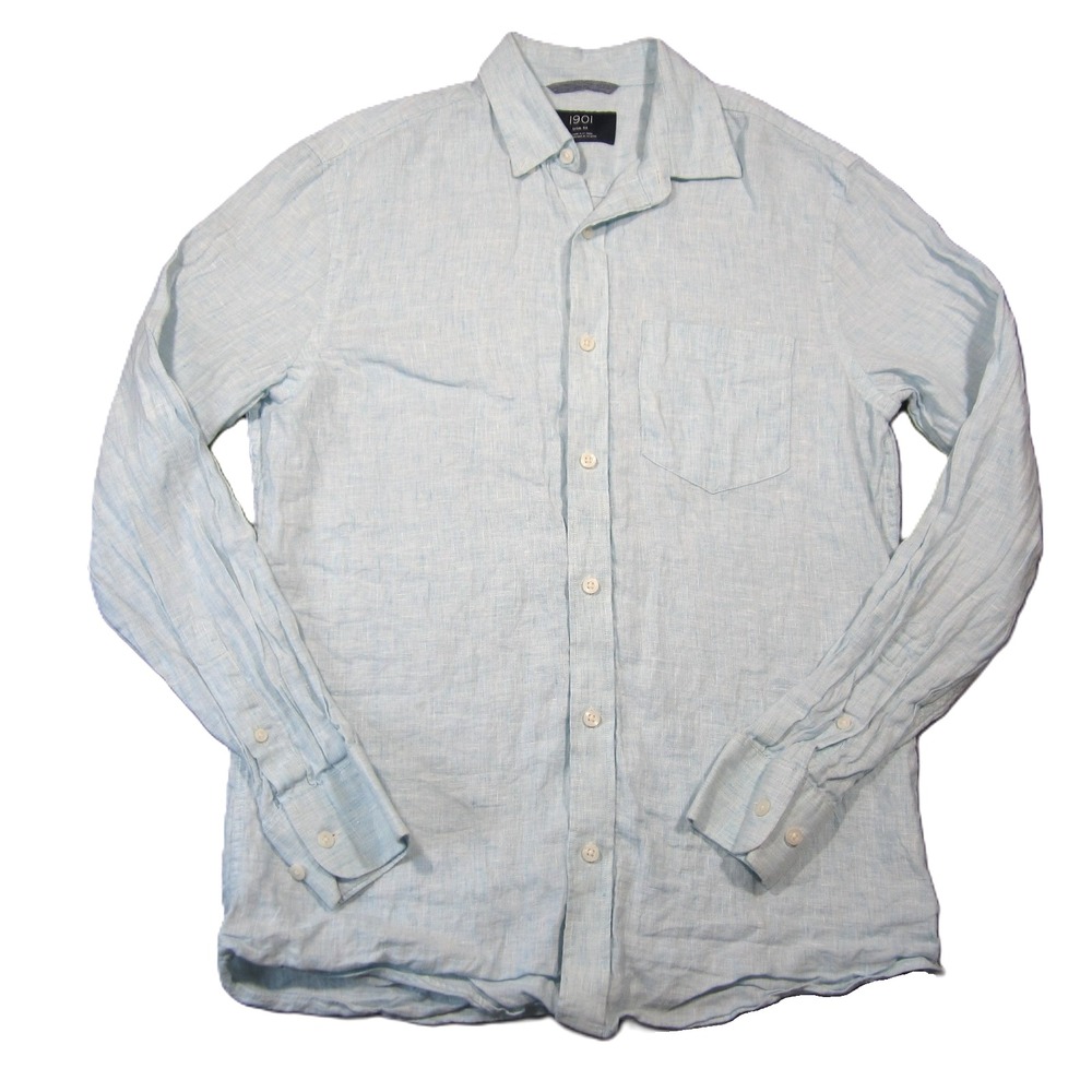 1901 Trim Fit Linen Shirt Mens S Light Teal Blue Long Sleeve Casual Beach Preppy